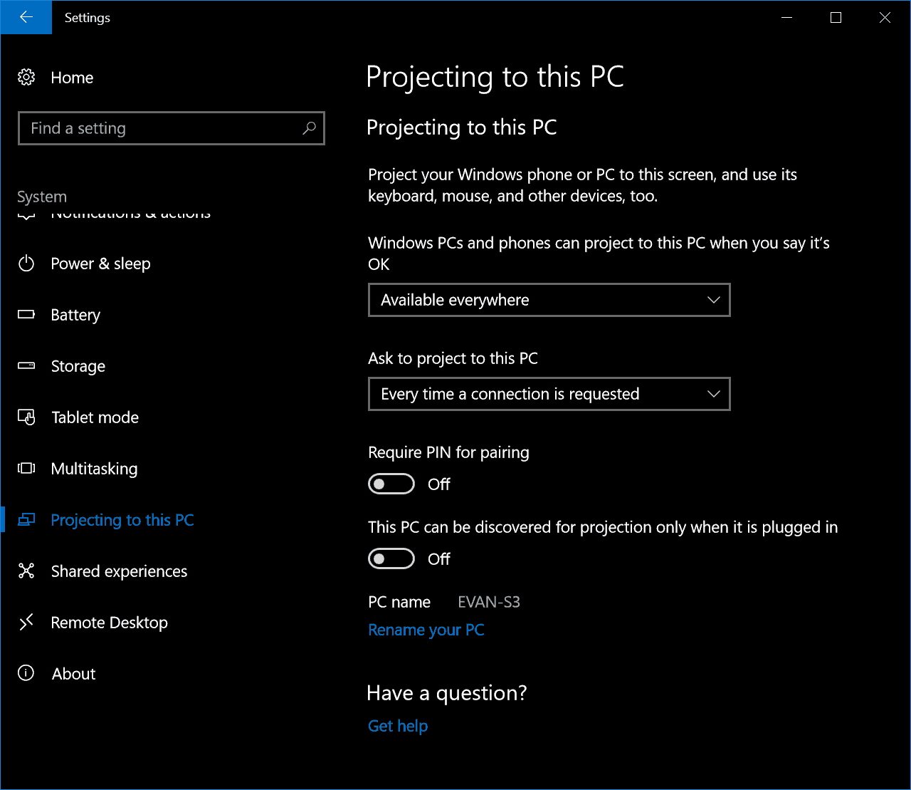 Projecting to this PC settings page