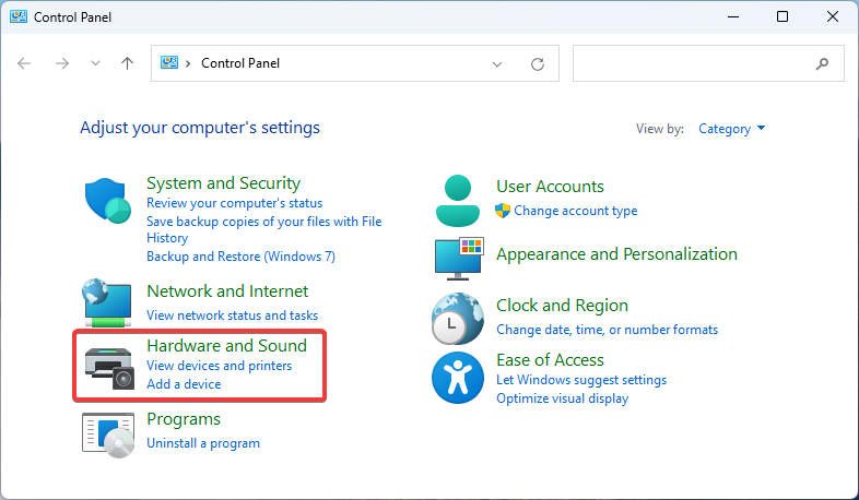 Hardware and Sound option in Windows 11 Control Panel