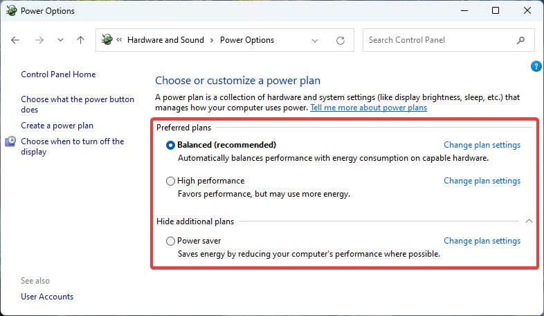 Power plans available in Windows 11 Control Panel