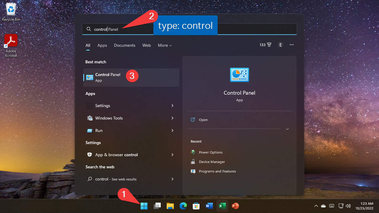 Open Control Panel app via Search on Windows 11