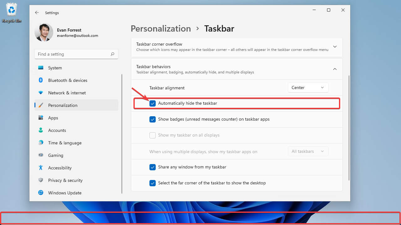Automatically Hide the Taskbar Checkbox