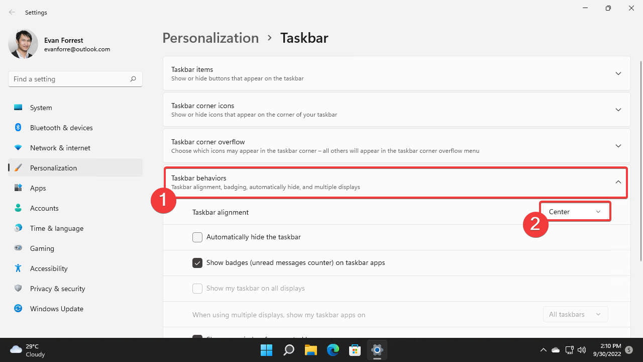 Expand Taskbar Behaviors tab