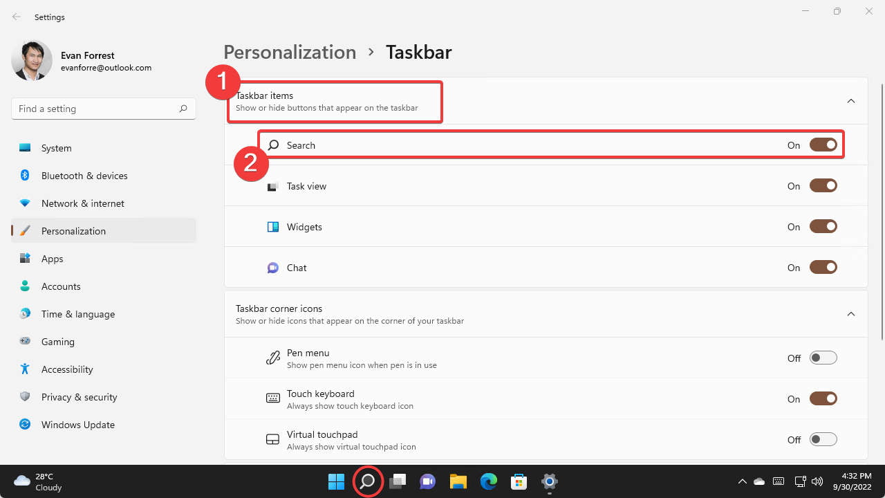 Expand Taskbar items > look for Search