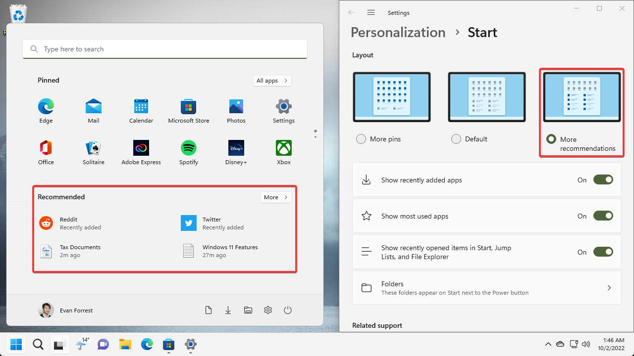 More Recommendations Windows 11 Start Layout