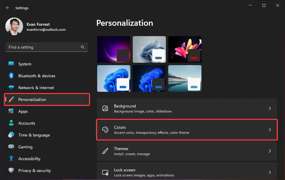 Go to Personalization - Colors settings