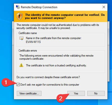 Windows 10 Remote - don't ask for certificate and OK