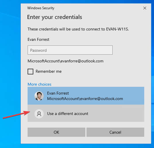 Windows 10 Remote - Use a different account
