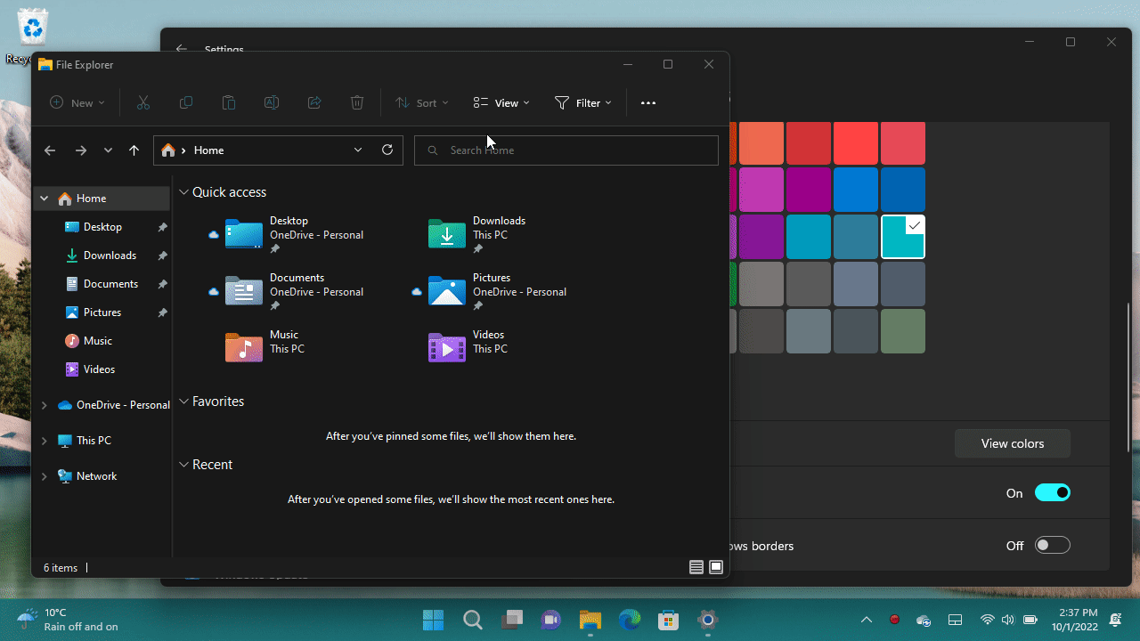 Show accent color on title bars and windows borders toggle