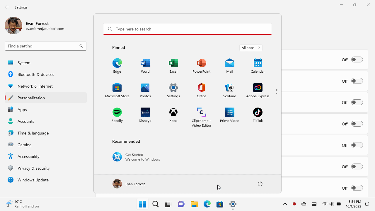 Show essential folders shortcuts on Start next to power button