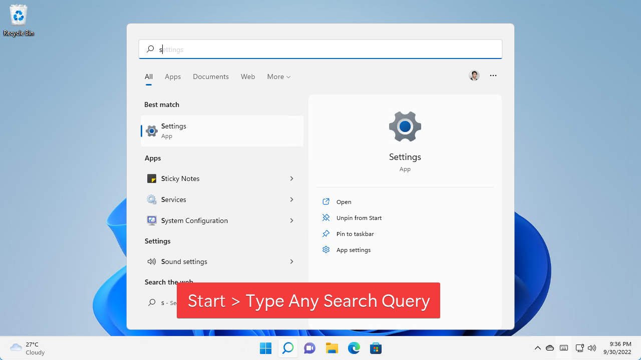 Open Windows Search via Start and Type any search query