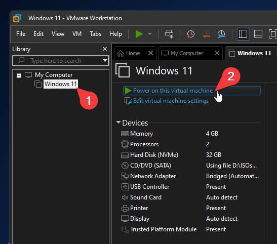 VMWare: Power on the Windows 11 VM