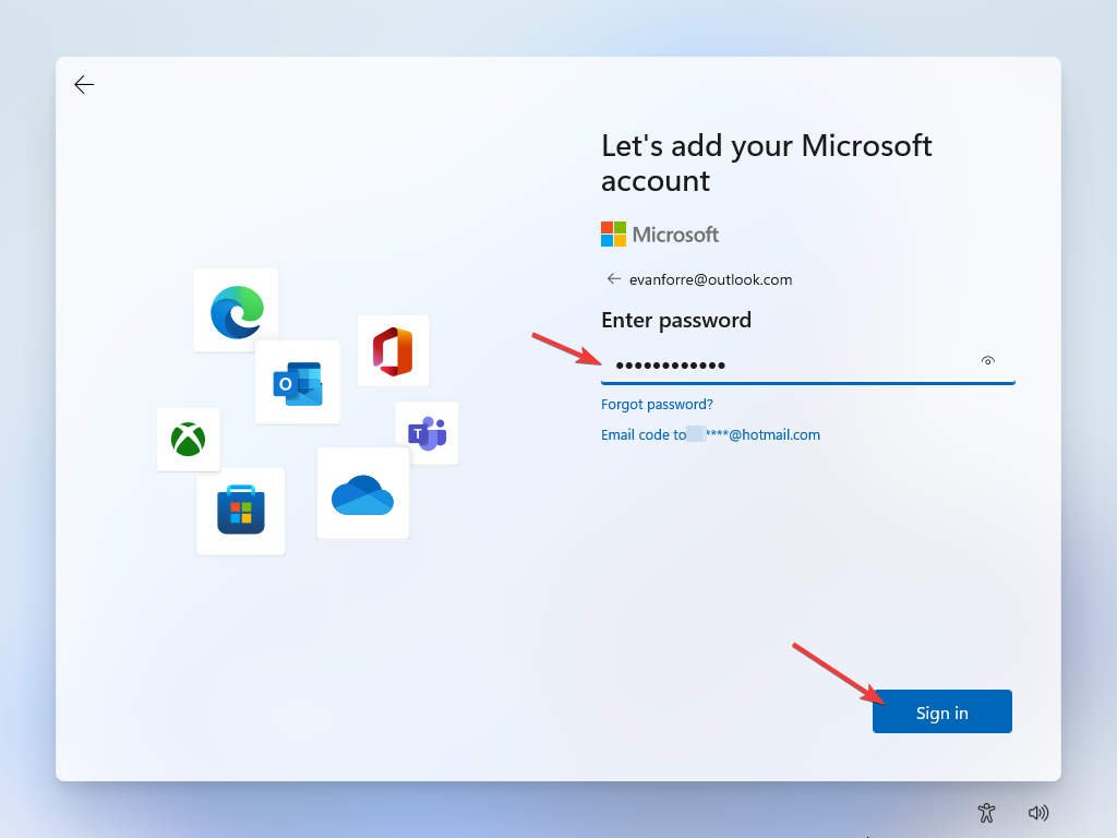 Win 11 Setup: Enter Microsoft Account Password