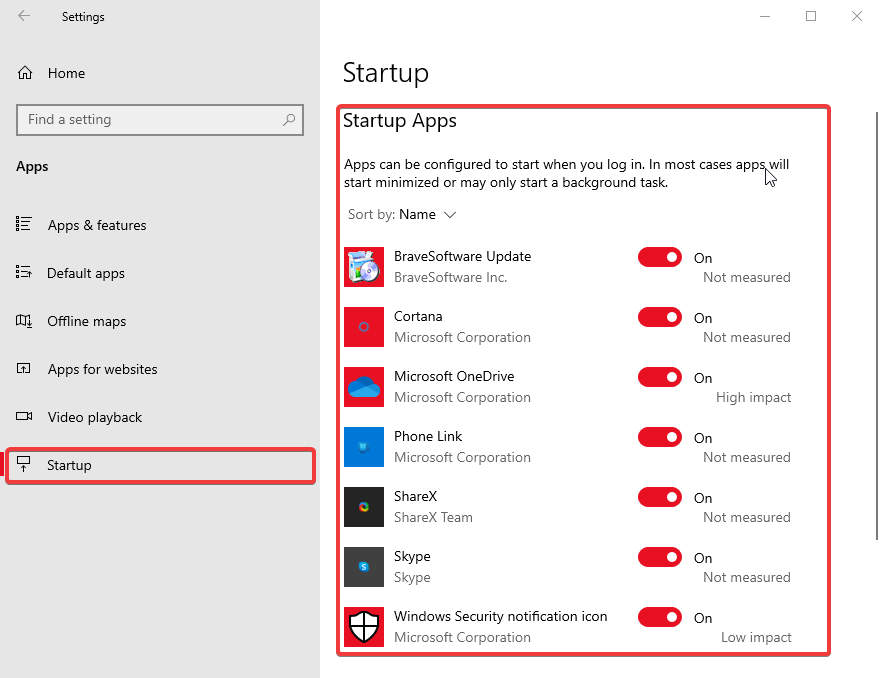 Windows 10: Startup Apps list