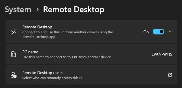 Windows 11 Settings: Remote Desktop Enabled