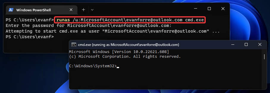 Windows 11 - Run as Microsoft Account