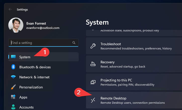 Windows 11 Settings: System - Remote Desktop