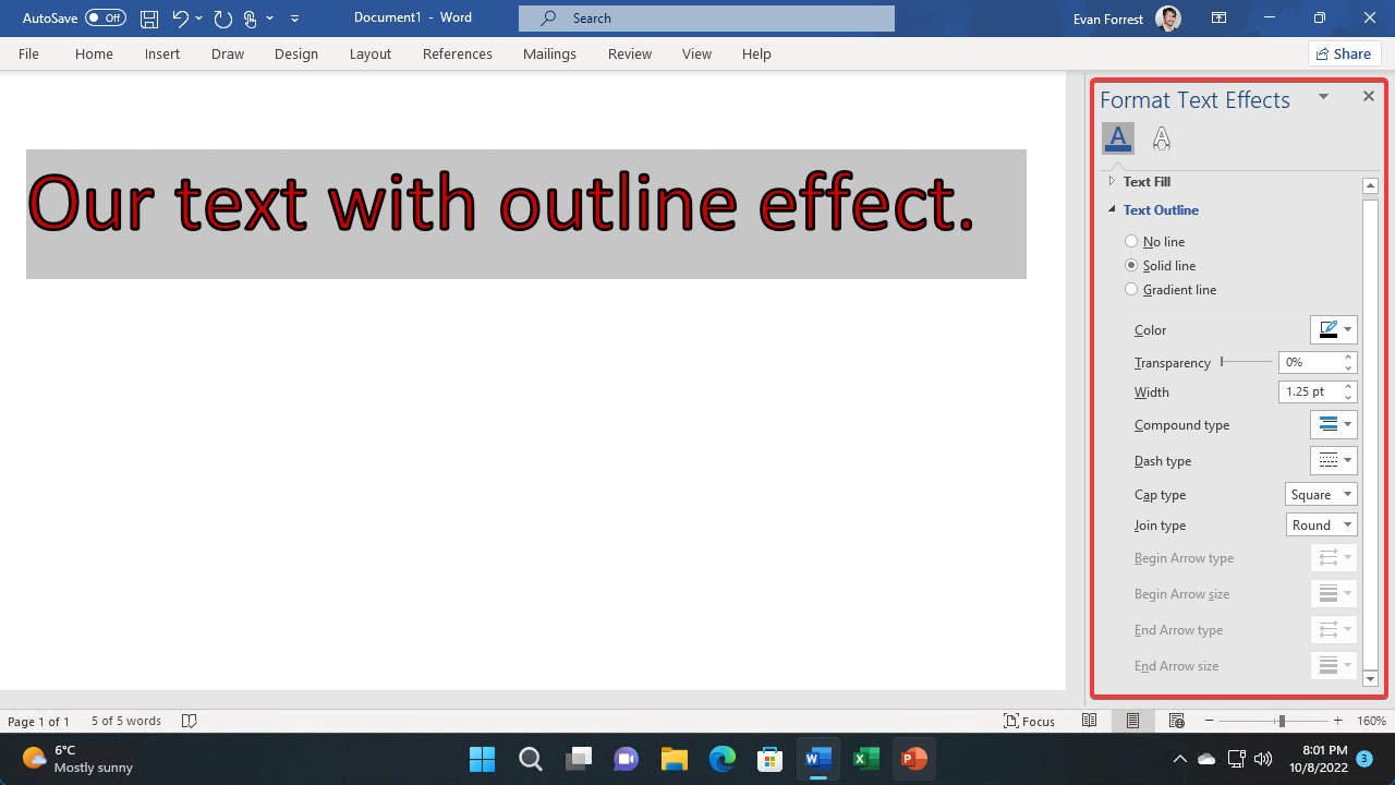 MS Word: Text Solid Outline Options