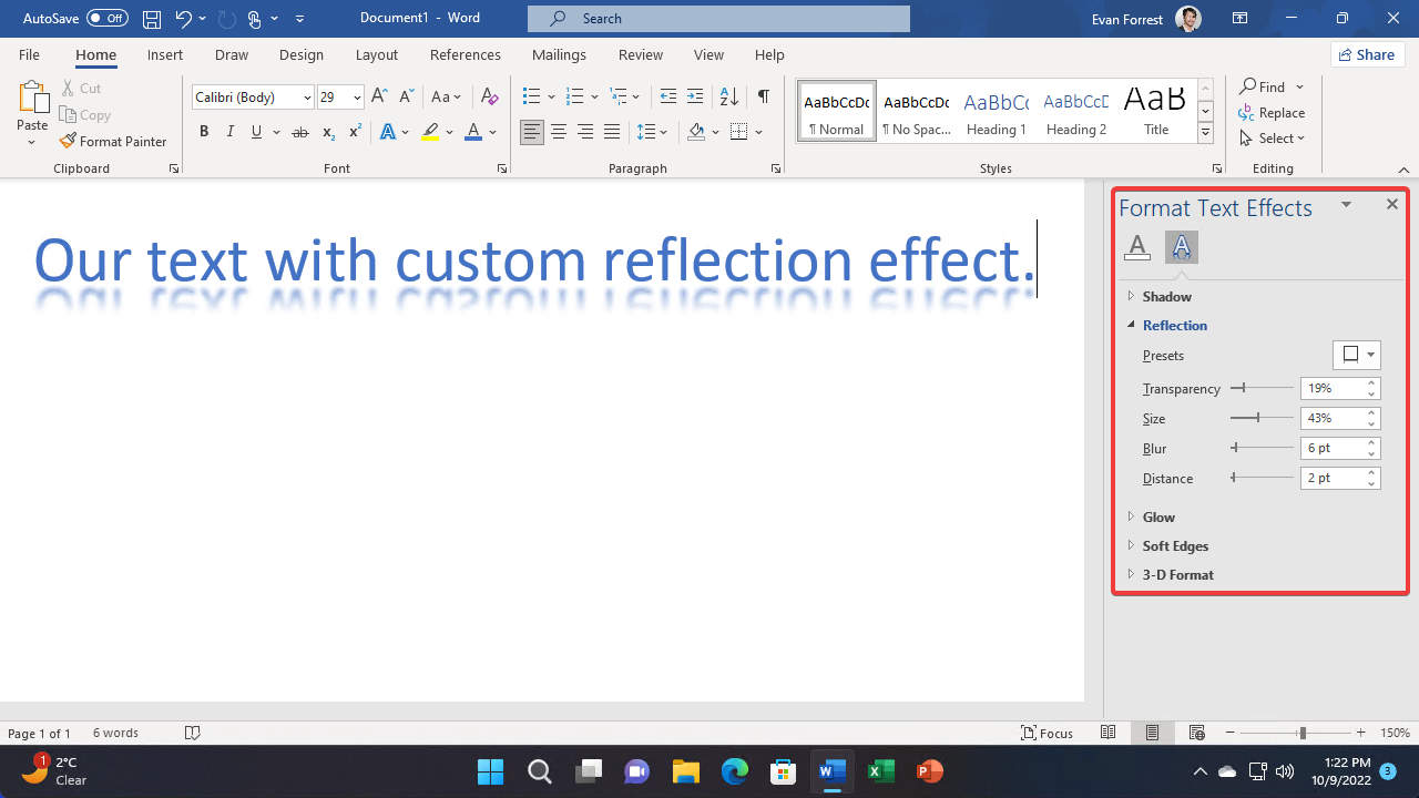 Word: Format Text Effects - Reflection